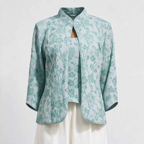 Sequin Zebra Print Evening Top Set, Embroidered Formal Jacket with Matching Top