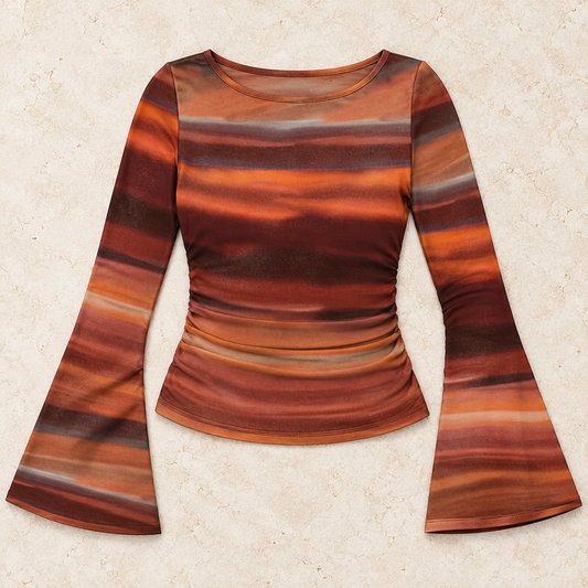 Women’s Round Neck Long Bell Sleeve Fitted Top