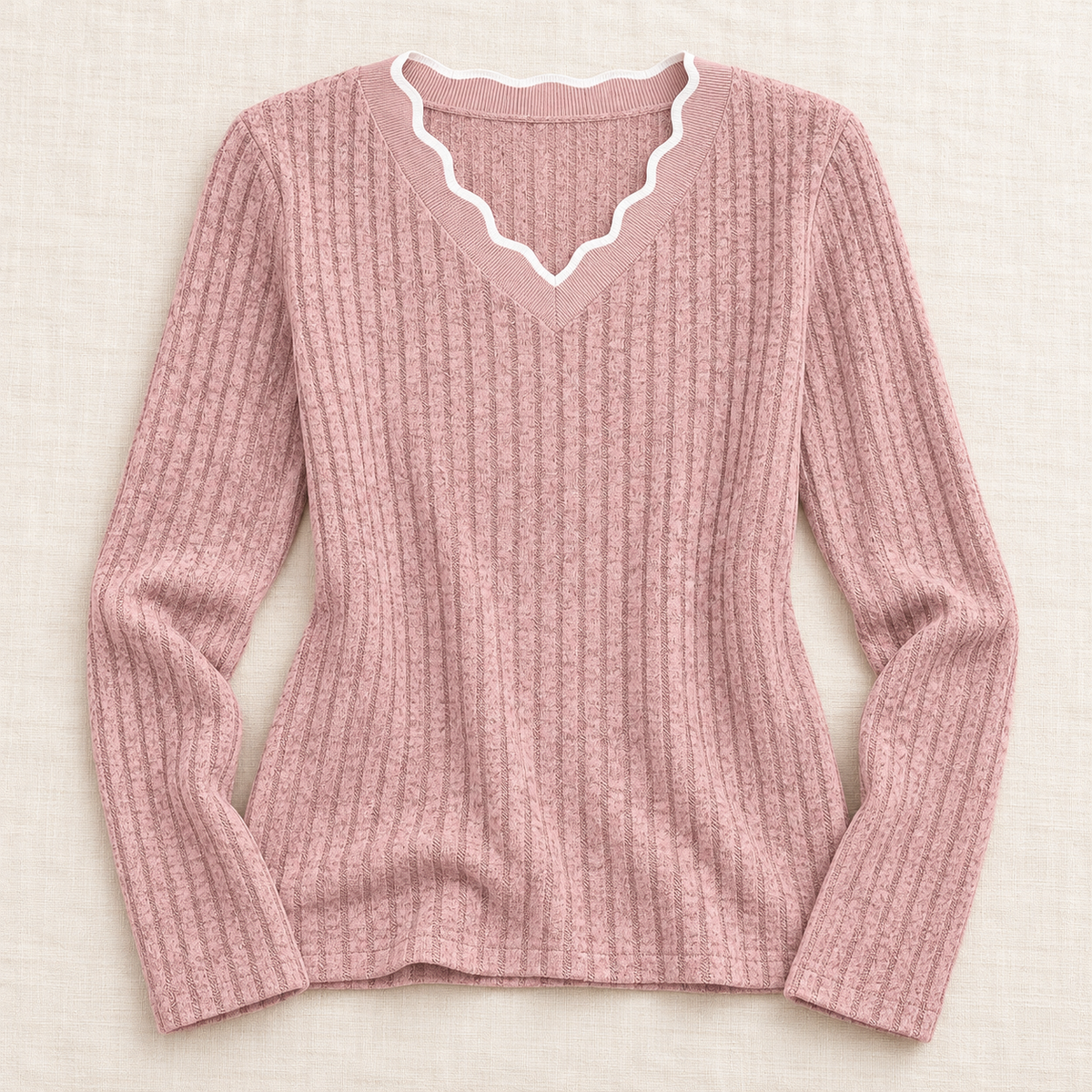 Women’s Scalloped V-Neck Long Sleeve Knit Top