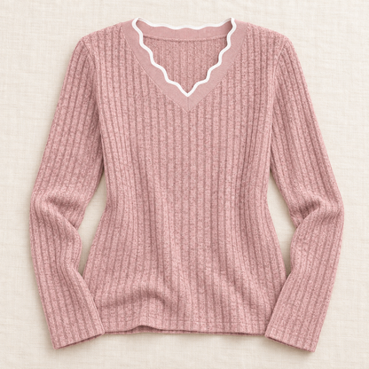 Women’s Scalloped V-Neck Long Sleeve Knit Top