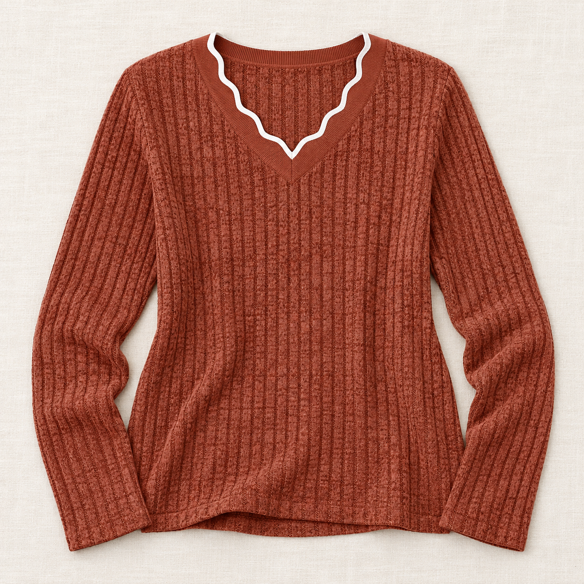 Women’s Scalloped V-Neck Long Sleeve Knit Top