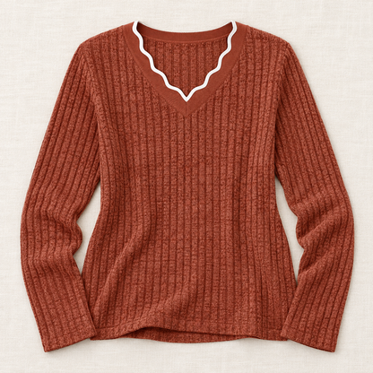 Women’s Scalloped V-Neck Long Sleeve Knit Top