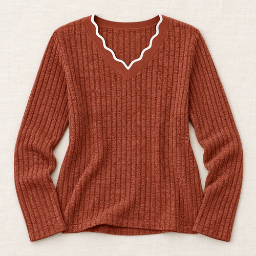 Women’s Scalloped V-Neck Long Sleeve Knit Top