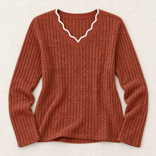 Women’s Scalloped V-Neck Long Sleeve Knit Top