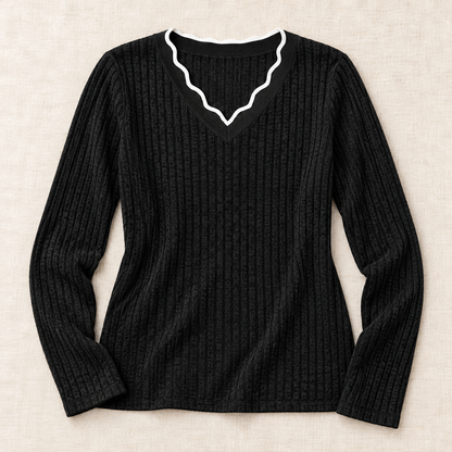 Women’s Scalloped V-Neck Long Sleeve Knit Top