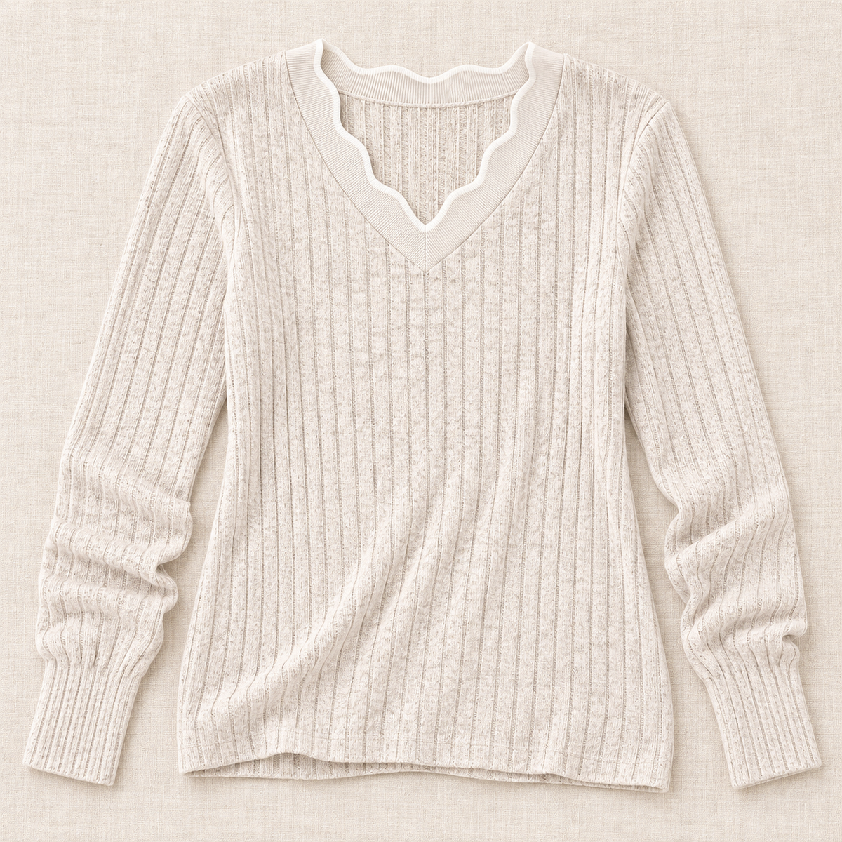 Women’s Scalloped V-Neck Long Sleeve Knit Top