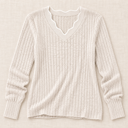 Women’s Scalloped V-Neck Long Sleeve Knit Top