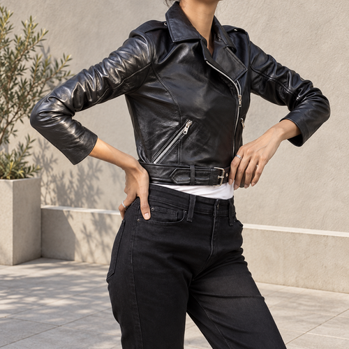 Women’s Belted Leather-Look Moto Jacket