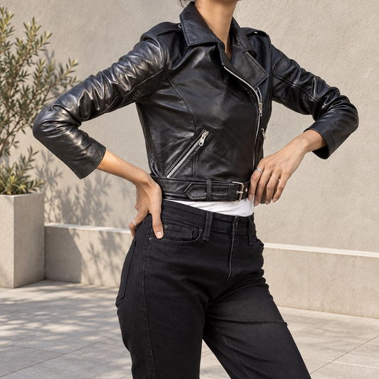 Women’s Belted Leather-Look Moto Jacket