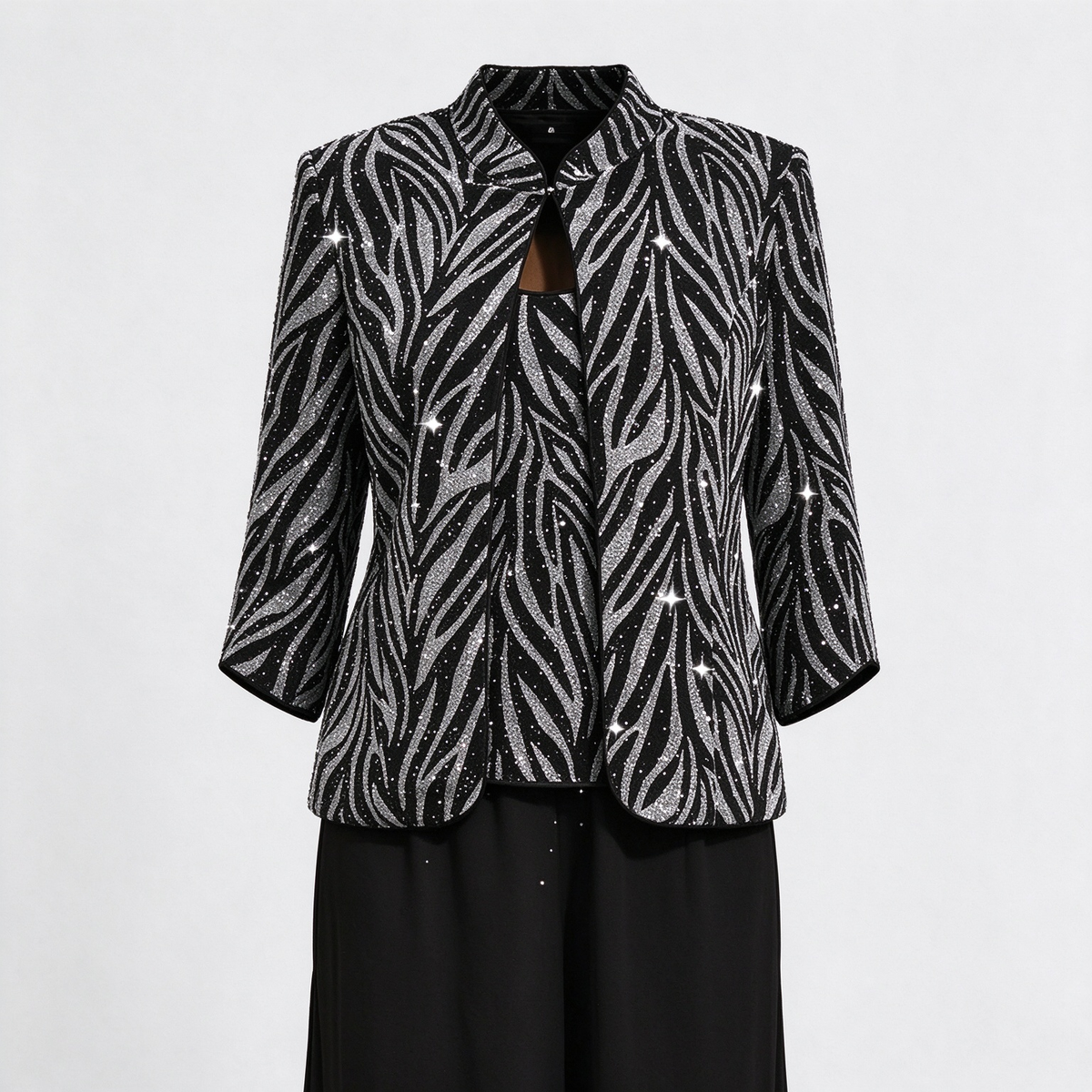 Sequin Zebra Print Evening Top Set, Embroidered Formal Jacket with Matching Top