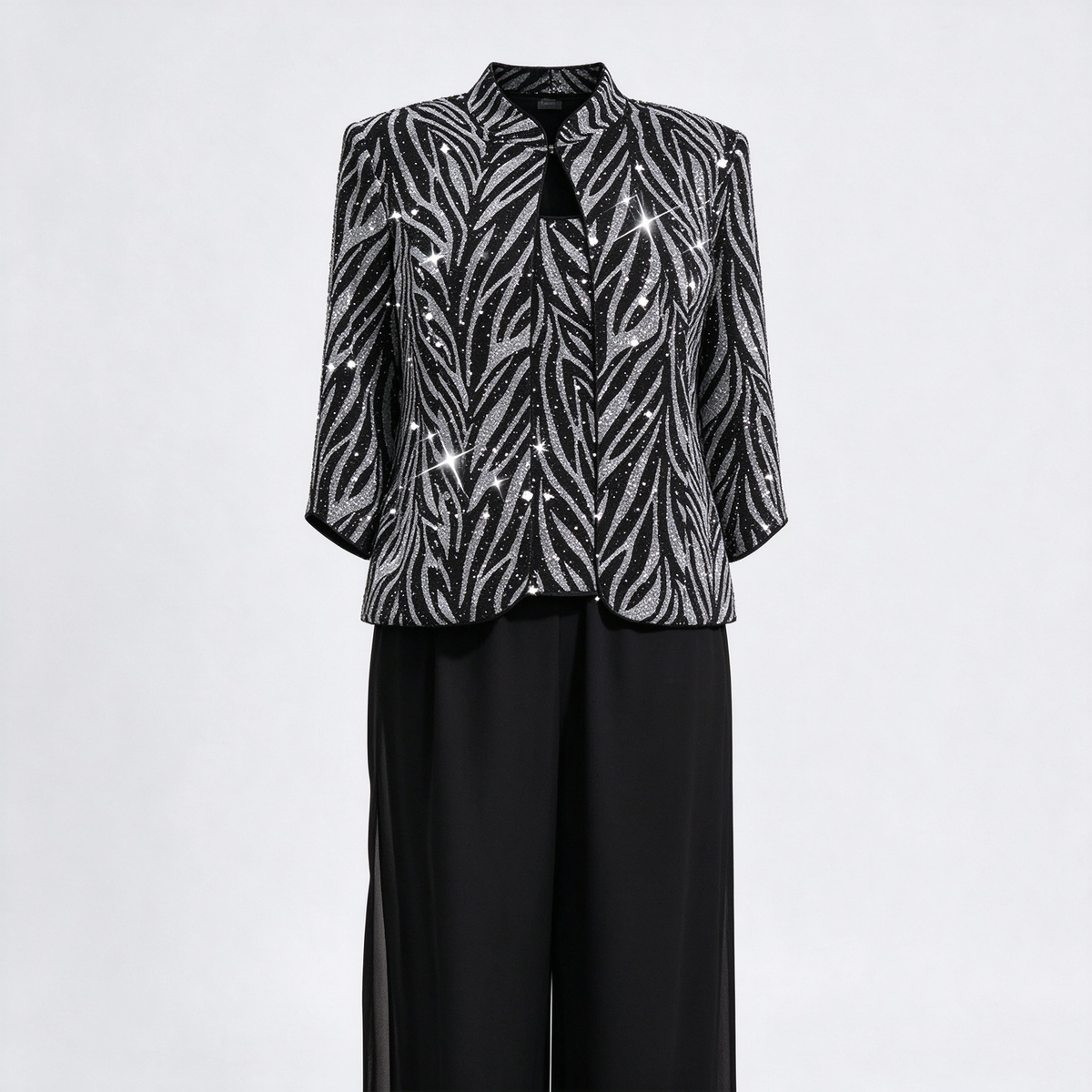 Sequin Zebra Print Evening Top Set, Embroidered Formal Jacket with Matching Top