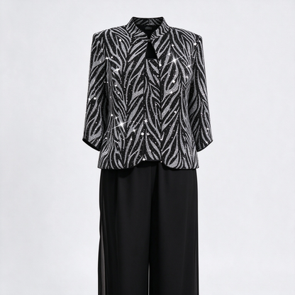 Sequin Zebra Print Evening Top Set, Embroidered Formal Jacket with Matching Top