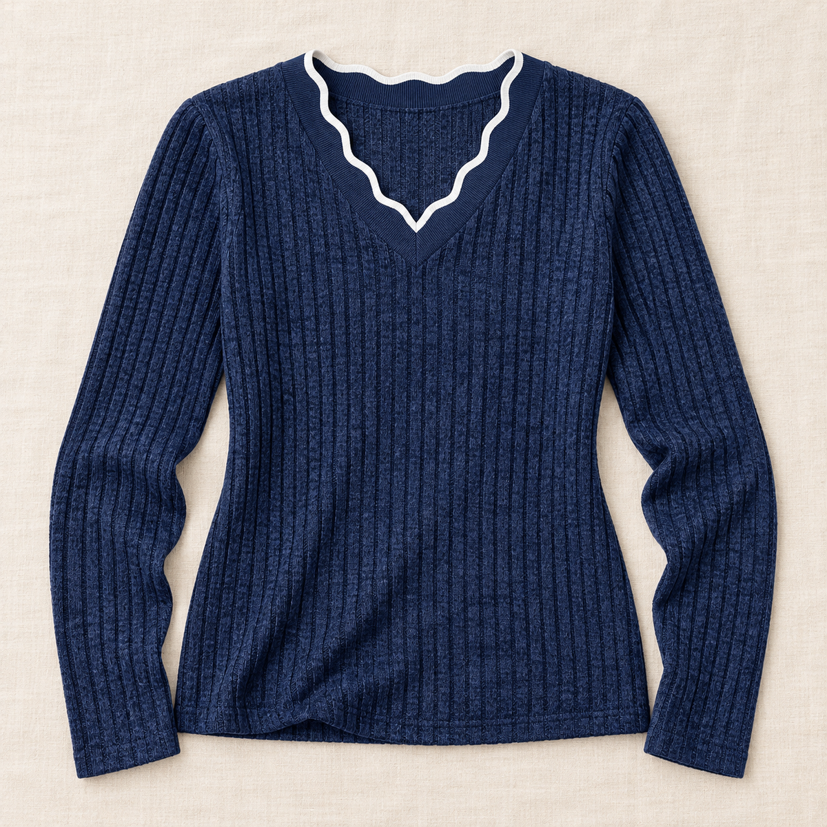 Women’s Scalloped V-Neck Long Sleeve Knit Top