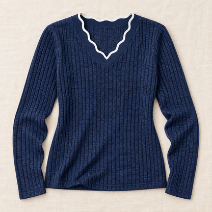 Women’s Scalloped V-Neck Long Sleeve Knit Top