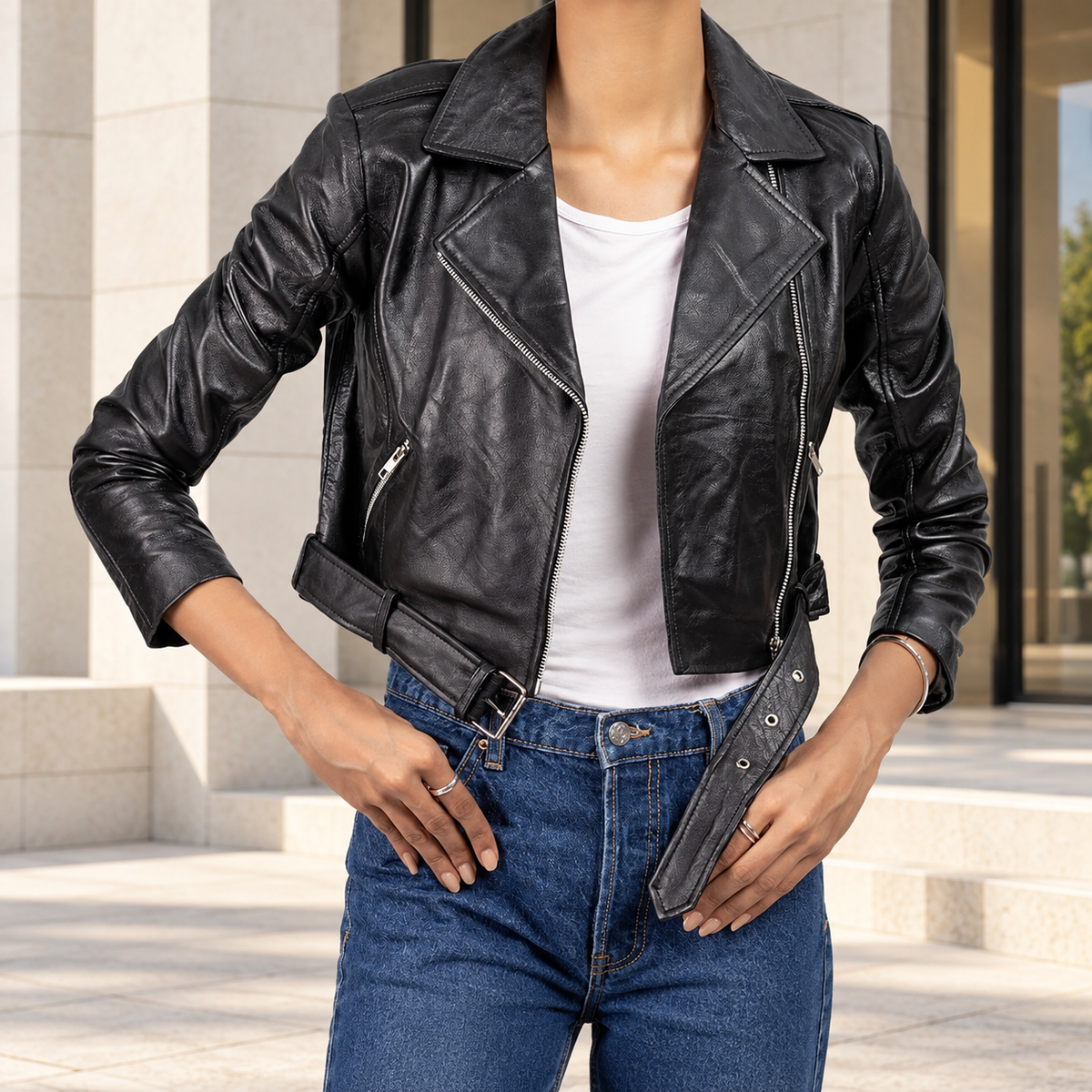 Women’s Belted Leather-Look Moto Jacket