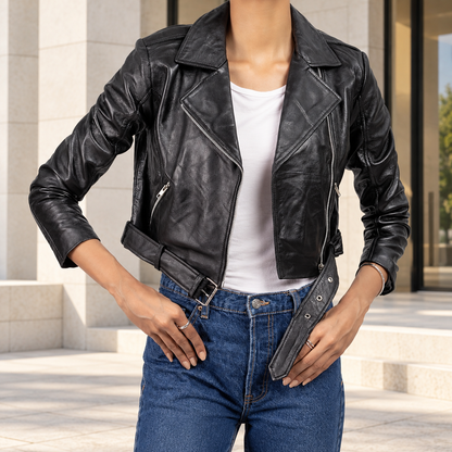 Women’s Belted Leather-Look Moto Jacket